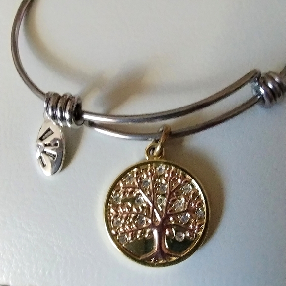 Tree Of Life Charm Bangle Adjustable Two Tone Bracelet - Picture 8 of 15